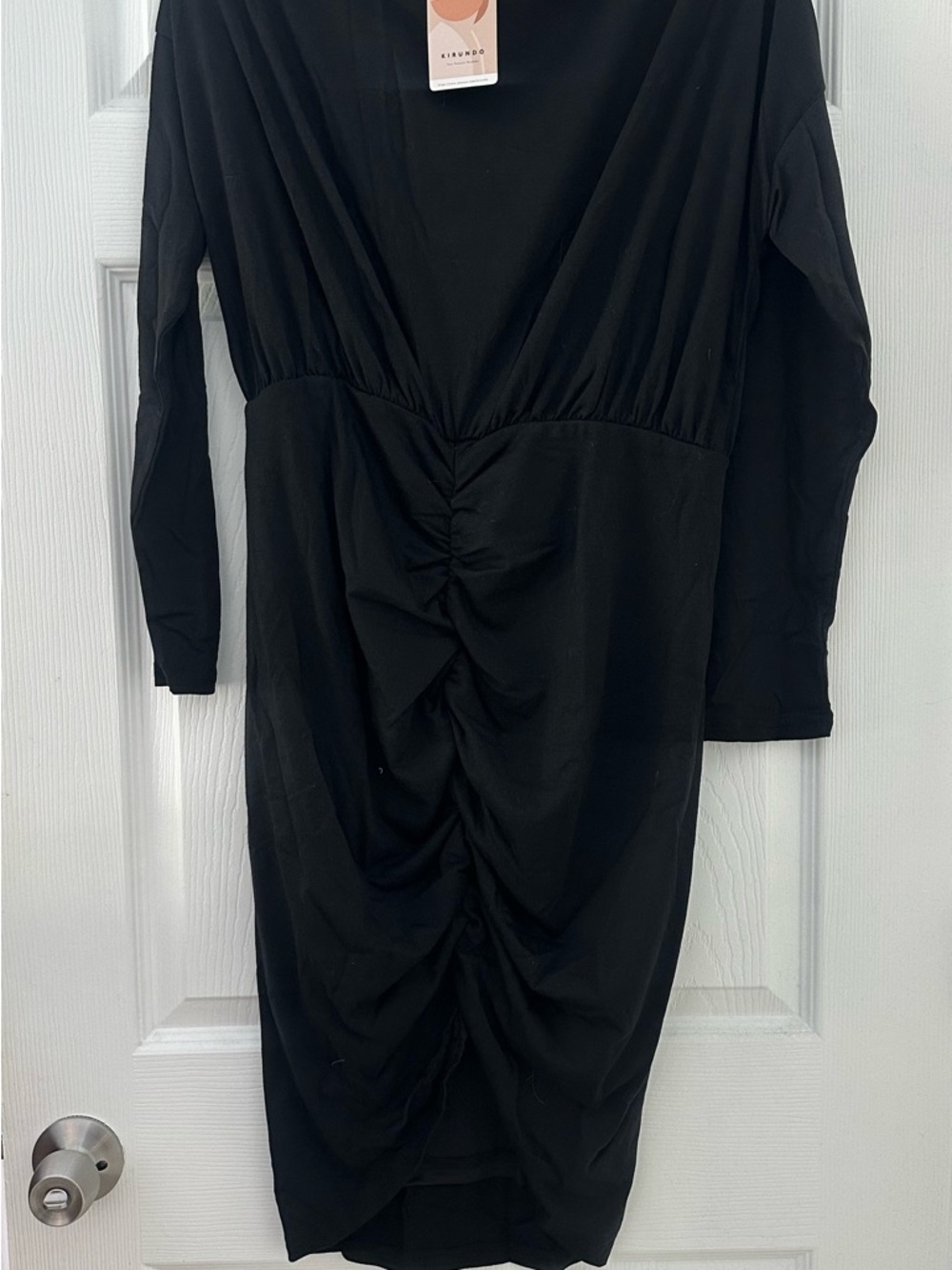 Black Ruched Long-Sleeve Midi Dress